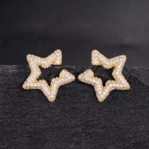 Cubic Zirconia Micro Pave Brass Earring, Star, plated, fashion jewelry & micro pave cubic zirconia & for woman, golden, Sold By Pair