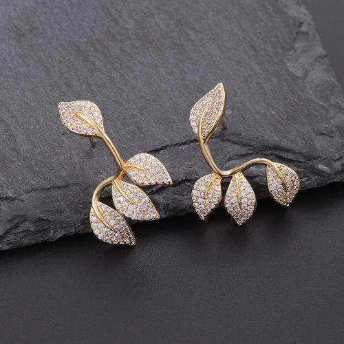 Cubic Zirconia Micro Pave Brass Earring, Leaf, plated, fashion jewelry & micro pave cubic zirconia & for woman, golden, Sold By Pair