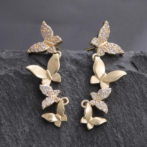 Cubic Zirconia Micro Pave Brass Earring, Butterfly, plated, fashion jewelry & micro pave cubic zirconia & for woman, golden, Sold By Pair