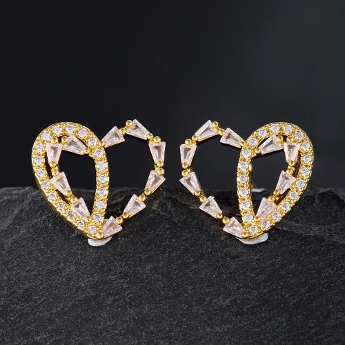 Cubic Zirconia Micro Pave Brass Earring, Heart, plated, micro pave cubic zirconia & for woman & hollow, golden, Sold By Pair