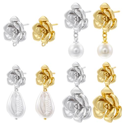 Brass Stud Earring, with Plastic Pearl, petals, plated, different styles for choice, more colors for choice, Sold By Pair