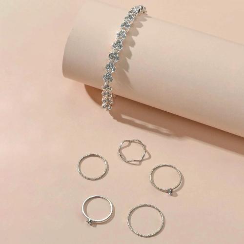 Tibetan Style Jewelry Sets, finger ring & bracelet, plated, for woman & with rhinestone, silver color, Ring diameter 1.8cm bracelet length 17cm, Sold By Set