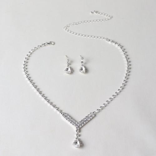 Tibetan Style Jewelry Sets, Stud Earring & necklace, plated, for woman & with rhinestone, silver color, Sold By Set