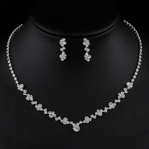 Tibetan Style Jewelry Sets, Stud Earring & bracelet & necklace, plated, for woman & with rhinestone, silver color, Necklace 46cm, bracelet 18cm, stud earrings 2.4CM, Sold By Set