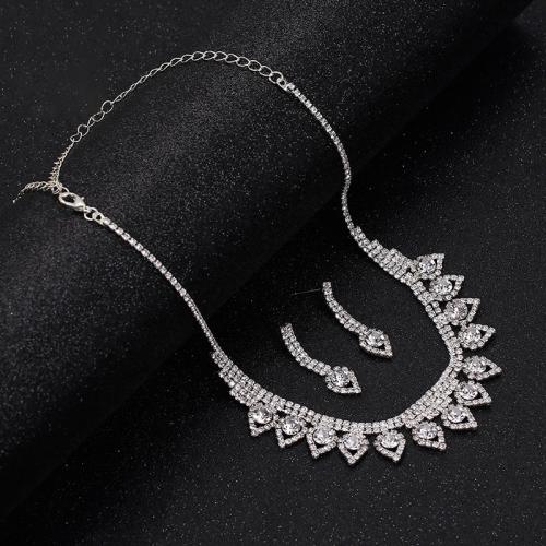 Tibetan Style Jewelry Sets, Stud Earring & necklace, plated, for woman & with rhinestone, silver color, Sold By Set