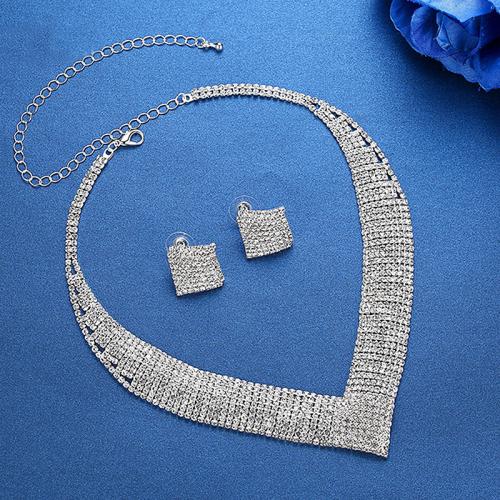 Tibetan Style Jewelry Sets, Stud Earring & necklace, plated, for woman & with rhinestone, silver color, Sold By Set