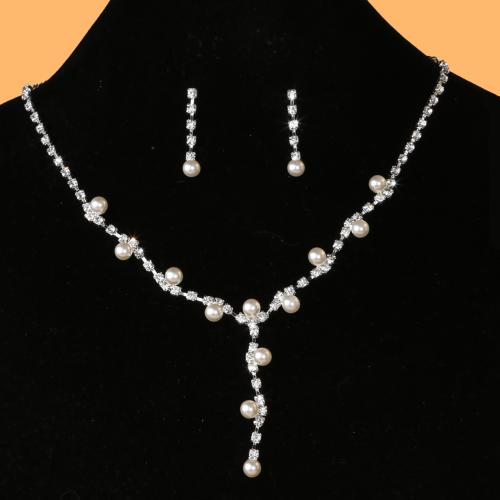 Tibetan Style Jewelry Sets, earring & necklace, with Plastic Pearl, plated, for woman & with rhinestone, white, Sold By Set