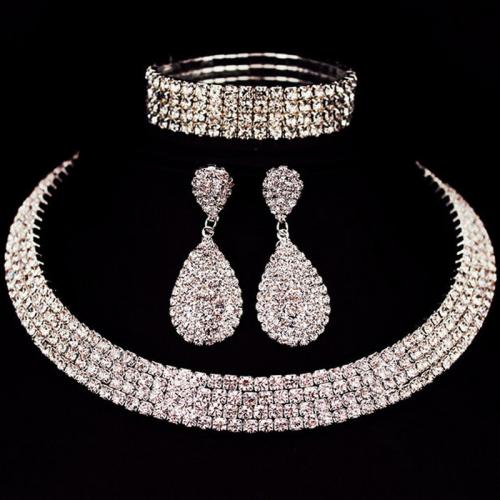 Tibetan Style Jewelry Sets, bangle & earring & necklace, plated, for woman & with rhinestone, silver color, Sold By Set