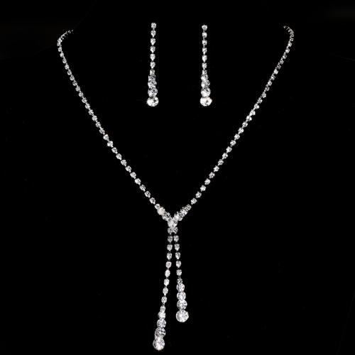 Tibetan Style Jewelry Sets, Stud Earring & necklace, plated, for woman & with rhinestone, silver color, Sold By Set