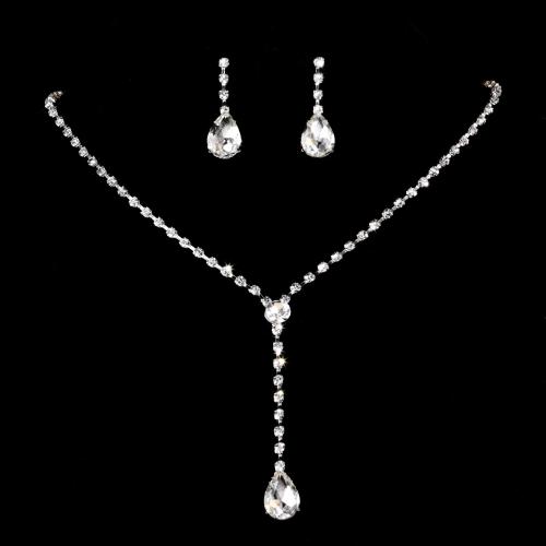 Tibetan Style Jewelry Sets, Stud Earring & necklace, plated, for woman & with rhinestone, silver color, Sold By Set