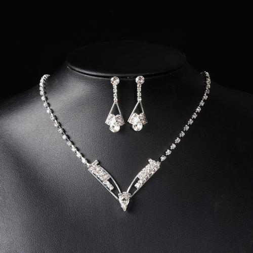 Tibetan Style Jewelry Sets, Stud Earring & necklace, plated, for woman & with rhinestone, silver color, Sold By Set