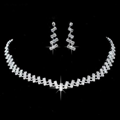 Tibetan Style Jewelry Sets, Stud Earring & necklace, plated, for woman & with rhinestone, silver color, Sold By Set