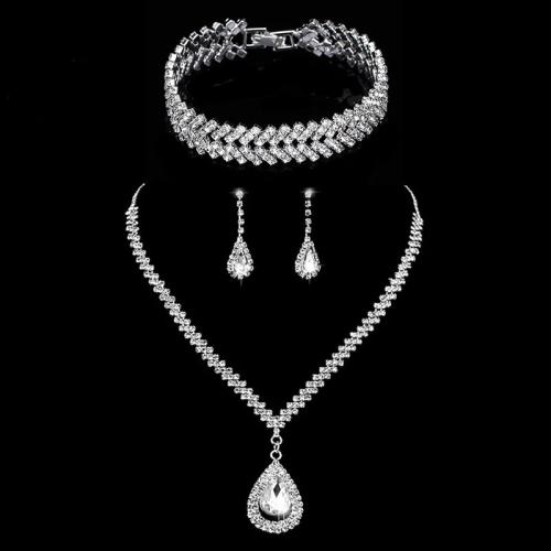 Tibetan Style Jewelry Sets, Stud Earring & bracelet & necklace, plated, for woman & with rhinestone, silver color, Sold By Set