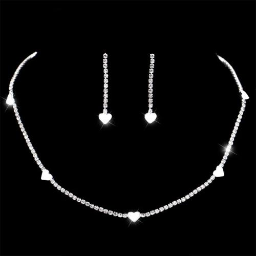 Tibetan Style Jewelry Sets, Stud Earring & necklace, plated, for woman & with rhinestone, silver color, Neckline length: 32 cm and 17 cm Earring size: 3.5 cm long, Sold By Set