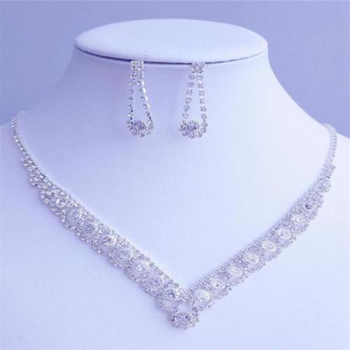 Tibetan Style Jewelry Sets, Stud Earring & necklace, plated, for woman & with rhinestone, silver color, Sold By Set