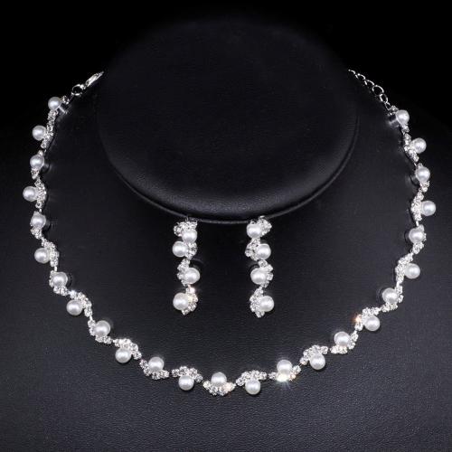 Tibetan Style Jewelry Sets, with Plastic Pearl, plated, different styles for choice & for woman & with rhinestone, silver color, Necklace: 30 and 15CM tail chain, earrings: 1.5*4.5CM bracelet: 19CM, Sold By Set