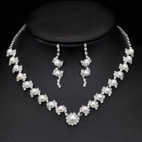 Tibetan Style Jewelry Sets, Stud Earring & necklace, with Plastic Pearl, plated, for woman & with rhinestone, silver color, Necklace: 30 and 15CM tail chain earrings: 1.5*4.5CM, Sold By Set