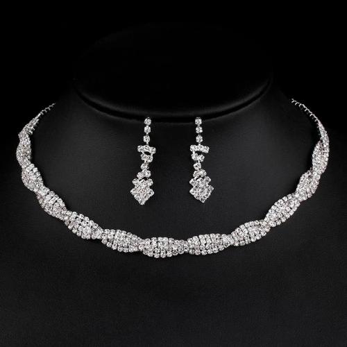 Tibetan Style Jewelry Sets, Stud Earring & necklace, plated, for woman & with rhinestone, silver color, Necklace size: 19cm and 18cm Extended chain earrings Size: 4cm long, Sold By Set