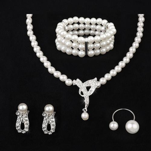 Parures de bijoux en alliage zinc, alliage de zinc, avec perle de plastique, Placage, styles différents pour le choix & pour femme & avec strass, blanc, Vendu par fixé