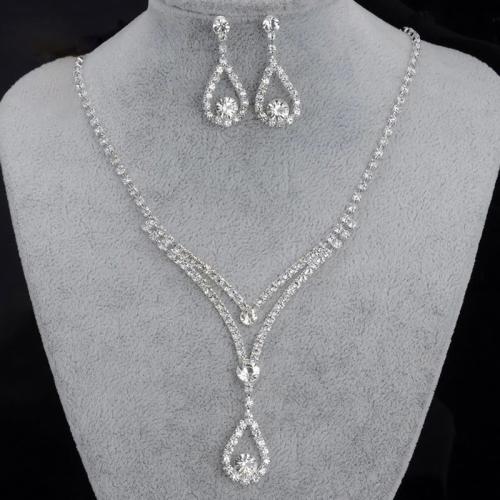 Tibetan Style Jewelry Sets, Stud Earring & necklace, plated, for woman & with rhinestone, silver color, Sold By Set