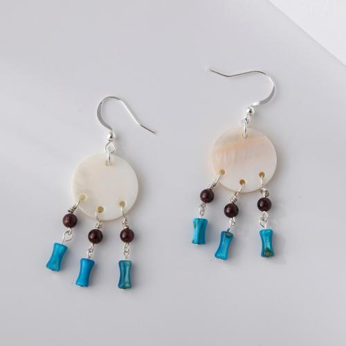 Tibetan Style Drop Earrings, with Gemstone & Shell, handmade, vintage & for woman, silver color, 60x20mm, Sold By Pair