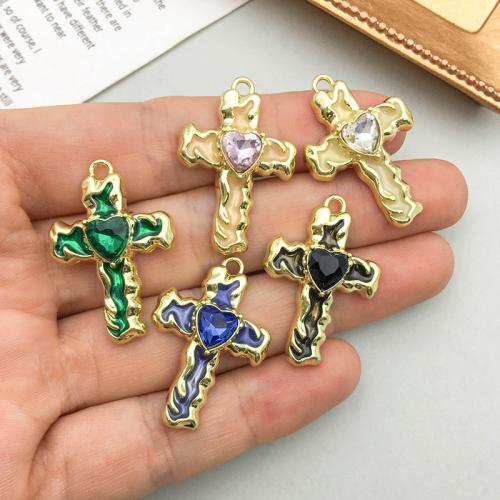 Tibetan Style Rhinestone Pendants, Cross, KC gold color plated, DIY & enamel & with rhinestone, more colors for choice, 19x28mm, 100PCs/Bag, Sold By Bag