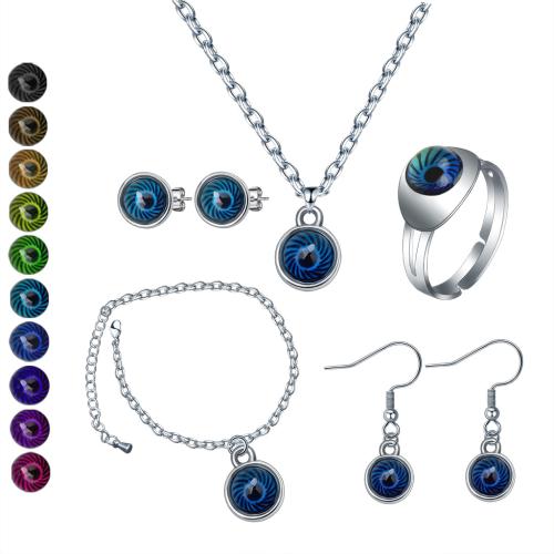 Tibetan Style Jewelry Sets, Stud Earring & finger ring & bracelet & necklace, with Acrylic, Round, silver color plated, different styles for choice & for woman & change their color according to the temperature, more colors for choice, nickel, lead & cadmium free, Sold By PC