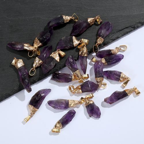 Quartz Gemstone Pendants, Amethyst, irregular, gold color plated, DIY, purple, 19x36mm, Sold By PC