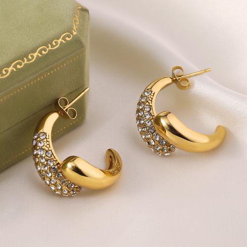 Titanium Steel  Earring, gold color plated, fashion jewelry & with rhinestone, golden, 28x24mm, Sold By Pair