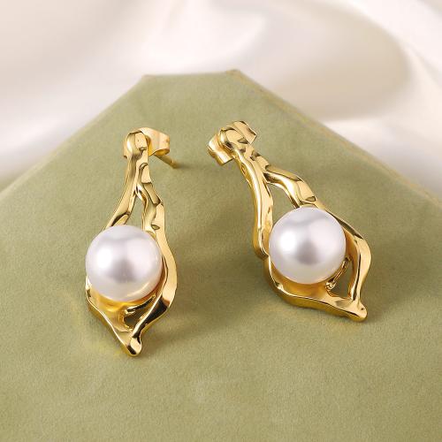 Titanium Steel  Earring, with Plastic Pearl, gold color plated, fashion jewelry, golden, 13x31mm, Sold By Pair