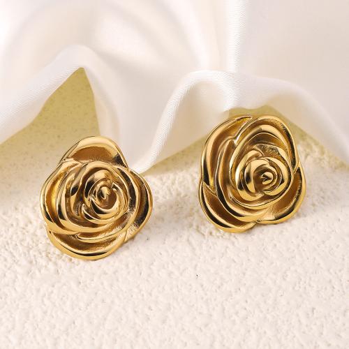 Boucle d'oreille Acier Titane, fleur, Placage de couleur d'or, bijoux de mode, doré, 21x22mm, Vendu par paire