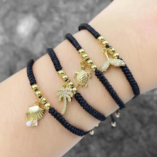 Cubic Zirconia Micro Pave Brass Bracelet, Nylon Cord, with Brass, with 10cm extender chain, fashion jewelry & different designs for choice & micro pave cubic zirconia, black, Length:16 cm, Sold By PC