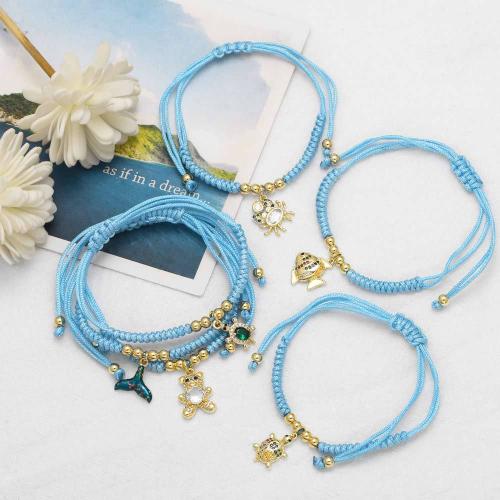 Cubic Zirconia Micro Pave Brass Bracelet, Nylon Cord, with Brass, fashion jewelry & different designs for choice & micro pave cubic zirconia, blue, Sold By PC