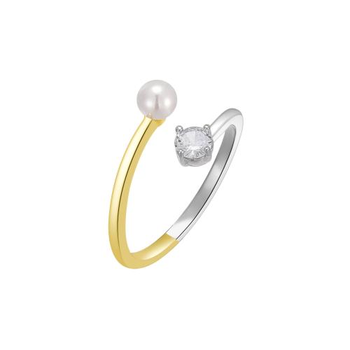 Cubic Zirconia micr3ofono pavimenta anillos de plata esterlina, plata de ley 925, con Perlas plásticas, micro arcilla de zirconia cúbica & para mujer, dorado, Vendido por UD