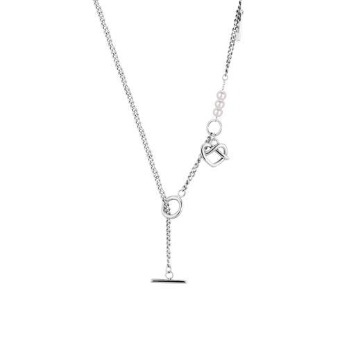 925 Sterling Silver Necklaces, with Plastic Pearl, Heart, for woman, original color, Length:Approx 47 cm, Sold By PC