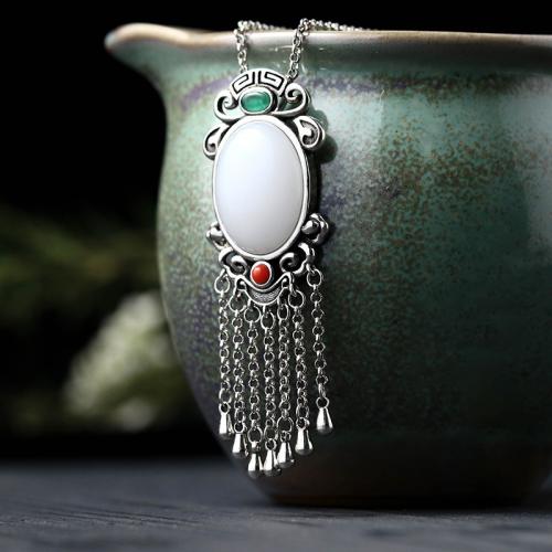 Brass Necklace, with Jade, vintage & for woman, silver color, Length:Approx 45 cm, Sold By PC