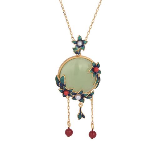 Brass Necklace, with Jade, vintage & for woman & enamel, golden, Length:Approx 45 cm, Sold By PC