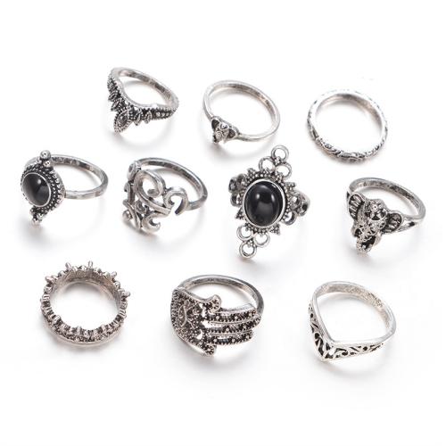 Tibetan Style Ring Set, with Gemstone, plated, 10 pieces & for woman, silver color, Sold By Set