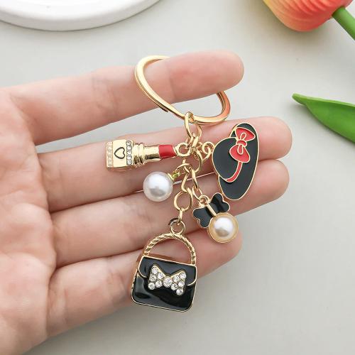 Tibetan Style Key Clasp, with Plastic Pearl, gold color plated, enamel & with rhinestone, 10PCs/Bag, Sold By Bag