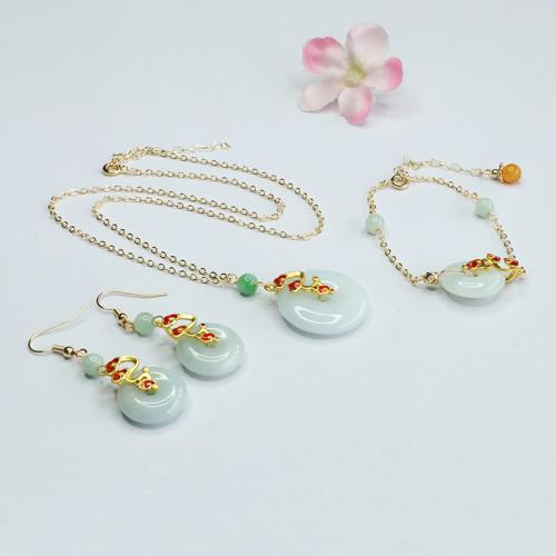 Jadeite Jewelry Set, bracelet & earring & necklace, with Tibetan Style, three pieces & for woman, necklace length 16-18inch, bracelet 6-8inch, Sold By Set