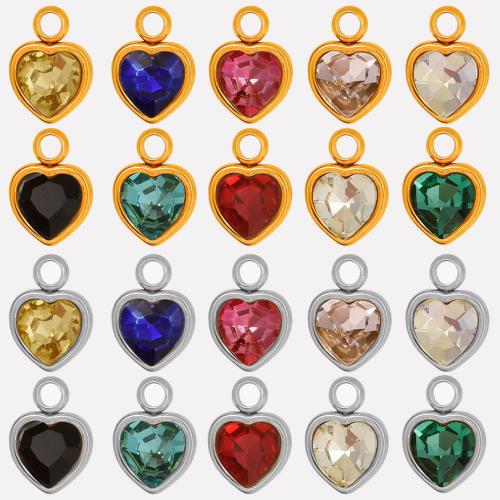 Stainless Steel Heart Pendants, 304 Stainless Steel, with Glass Rhinestone, Vacuum Ion Plating, DIY, more colors for choice, 7x9x4mm, Hole:Approx 1.7mm, 10PCs/Bag, Sold By Bag