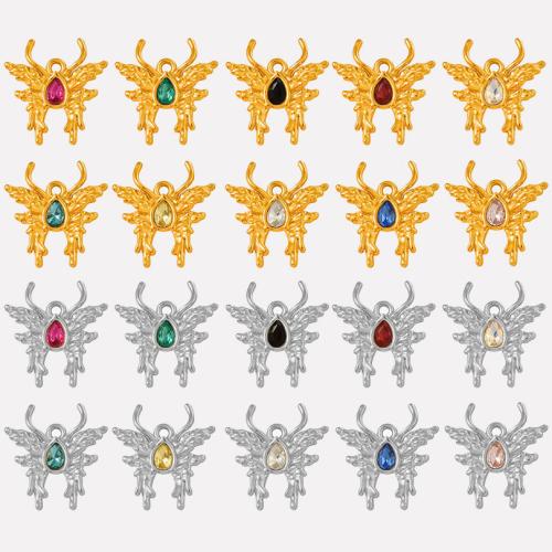 Stainless Steel Animal Pendants, 304 Stainless Steel, with Glass Rhinestone, Butterfly, Vacuum Ion Plating, DIY, more colors for choice, 22x24x3mm, Hole:Approx 1.9mm, 10PCs/Bag, Sold By Bag