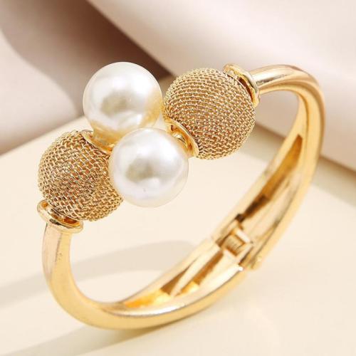 Tibetan Style Bangle, with Plastic Pearl, gold color plated, fashion jewelry, golden, nickel, lead & cadmium free, Sold By PC