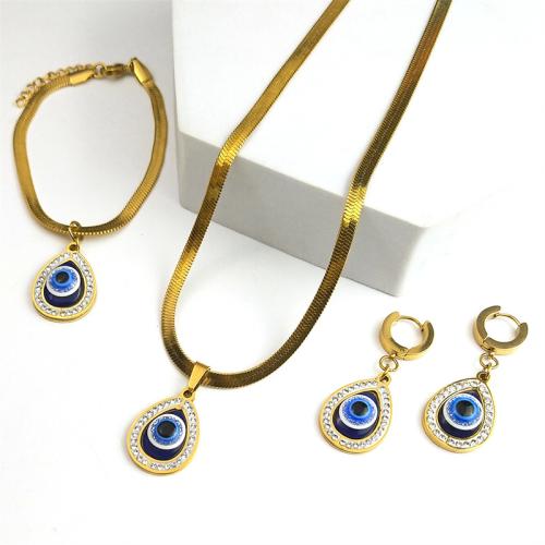 Sistema de la joyería de mal de ojo, acero inoxidable 304, con resina, 18K chapado en oro, tres piezas & para mujer & con diamantes de imitación, Vendido por Set