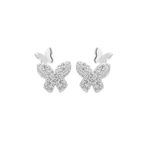 Pendientes de Micro Pavé de Zirconía Cúbica en Plata de Ley, plata de ley 925, Mariposa, micro arcilla de zirconia cúbica & para mujer, plateado, 10.40x8x1.60mm, Vendido por Par