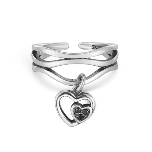 925 Sterling Silver Finger Rings, with Obsidian, Heart, for woman, original color, Sold By PC