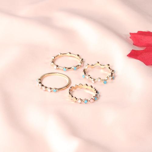 Tibetan Style Ring Set, with Gemstone, plated, 4 pieces & for woman & with rhinestone, golden, Sold By Set