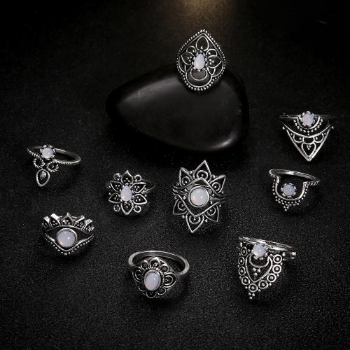 Tibetan Style Ring Set, with Gemstone, plated, nine pieces & for woman, silver color, Sold By Set