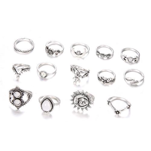 Tibetan Style Ring Set, with Gemstone, plated, 14 pieces & for woman & with rhinestone, silver color, Sold By Set