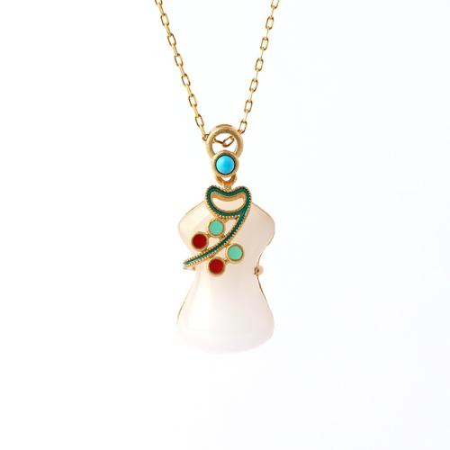 Brass Necklace, with Jade, vintage & for woman & enamel, golden, Length:Approx 45 cm, Sold By PC